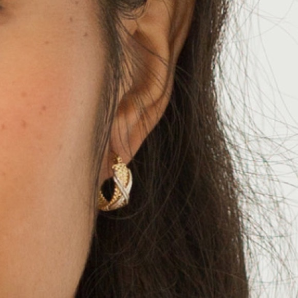 Two Toned Gold Textured Hoop Earrings - Picture 2 of 5